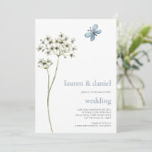 ミニマリスト バタフライ ワイルドフラワー QR ブルー ウェディング 招待状 (スタンド正面)