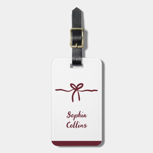 ミニマリスト バーガンディ ブライドメイド ネーム ボウ トラベル ラゲッジタグ (正面縦)