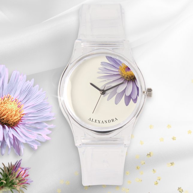ミニマリスト パープル アスター 花柄 名前入り モダン 腕時計 (An elegant watch with purple aster flower design and personalized name)