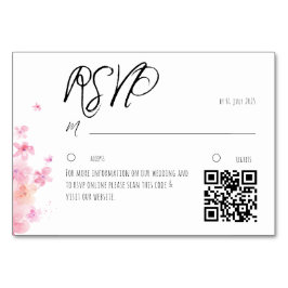 ミニマリスト ピンクの水彩花RSVPカード QR テーブルナンバー