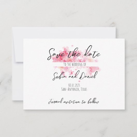ミニマリスト ピンク 結婚式 写真付き Save The Date カード (正面)
