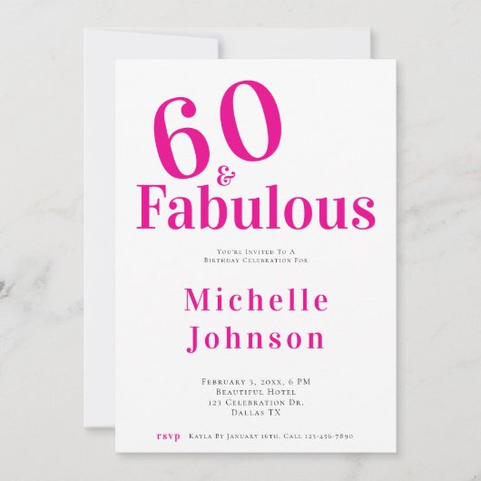 ミニマリスト ピンク 60 & ファビュラス 60歳の誕生日パーティー 招待状 (正面)