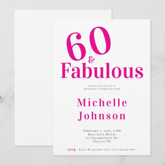 ミニマリスト ピンク 60 & ファビュラス 60歳の誕生日パーティー 招待状 (正面/裏面)