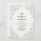 ミニマリスト ファインライン フラワーの結婚式招待状 招待状 (正面)