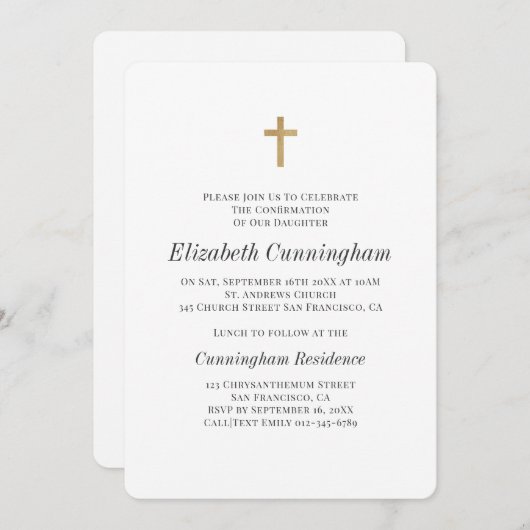 ミニマリスト、フェイク金ゴールド·クロス·ガール確認 招待状 (正面/裏面)