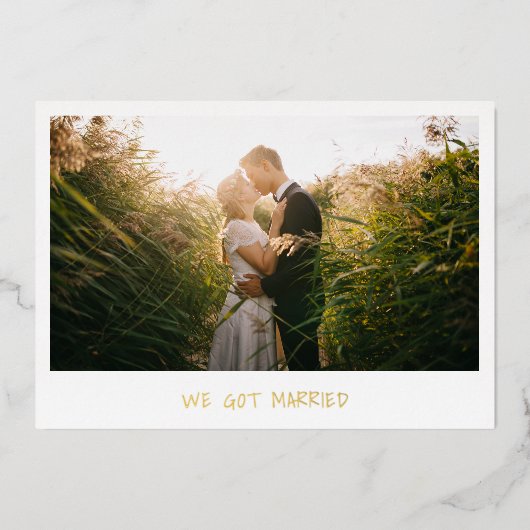 ミニマリスト フォト ゴールド モダン ウェディング レセプション 箔招待状 (正面)