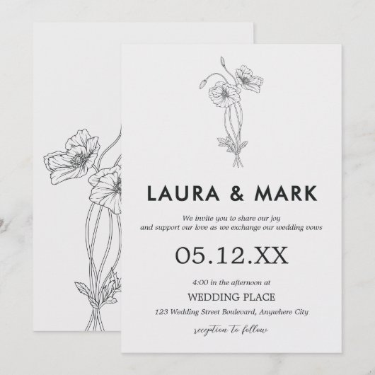 ミニマリスト フラワー ウェディング 招待状 (正面/裏面)