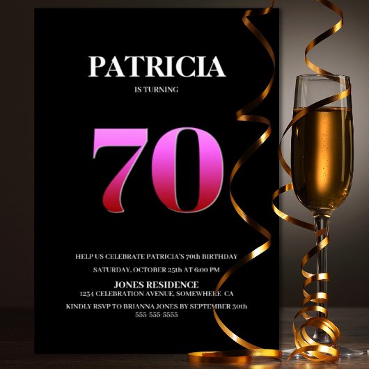 ミニマリスト ブラックとピンク 70歳の誕生日パーティー 招待状