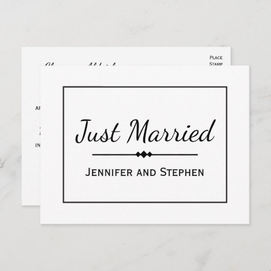 ミニマリスト·ブラック·たった今結婚しました結婚の発表 案内ポストカード (正面/裏面)