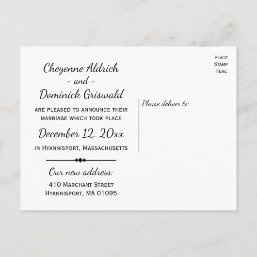 ミニマリスト·ブラック·たった今結婚しました結婚の発表 案内ポストカード (裏面)