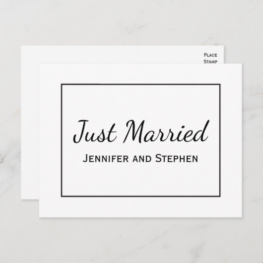 ミニマリスト·ブラック·たった今結婚しました結婚の発表 案内ポストカード (正面/裏面)