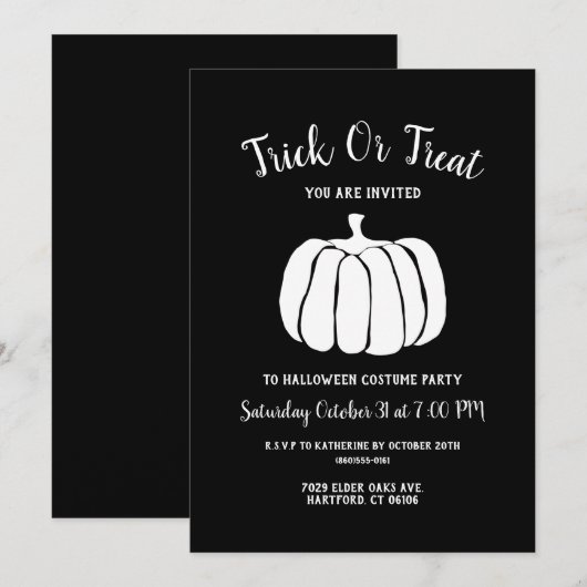 ミニマリスト ブラック アンド ホワイト カスタム ハロウィン パーティー 招待状 (正面/裏面)
