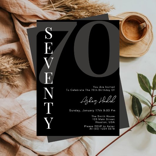 ミニマリスト ブラック・アンド・ホワイト セブンティ 70歳の誕生日 招待状