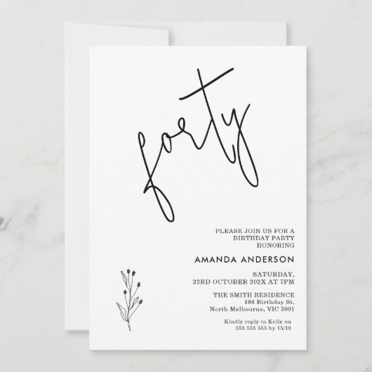 ミニマリスト ブラック カリグラフィー テキスト 40歳の誕生日 招待状 (正面)