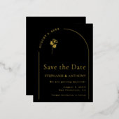 ミニマリスト ブラック ゴールド アーチ ワイルドフラワー ウェディング 箔招待状ポストカード (正面/裏面)