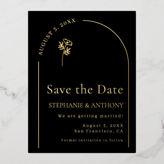 ミニマリスト ブラック ゴールド アーチ ワイルドフラワー ウェディング 箔招待状ポストカード (正面)