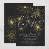 ミニマリスト ブラック ゴールド 花火エンゲージメントパーティー 招待状 (正面/裏面)