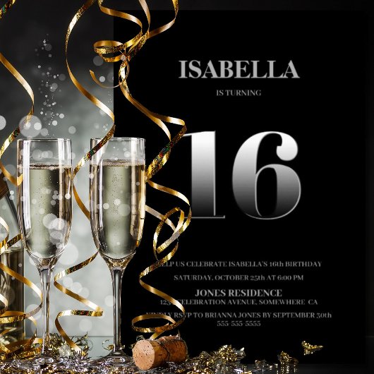 ミニマリスト・ブラック&シルバー16thバースデーパーティー 招待状