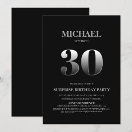 ミニマリスト ブラック＆シルバー サプライズ 30歳の誕生日 招待状