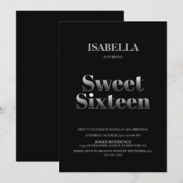 ミニマリスト ブラック＆シルバー スイート16 誕生日 招待状