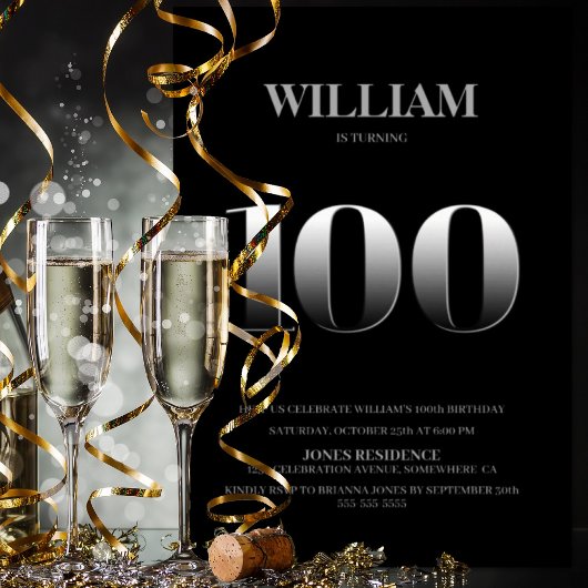 ミニマリスト ブラック＆シルバー 100歳の誕生日パーティー 招待状