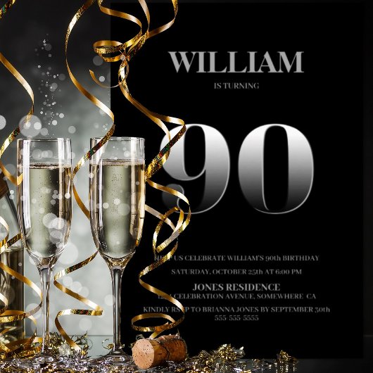 ミニマリスト ブラック＆シルバー 90歳の誕生日パーティー 招待状