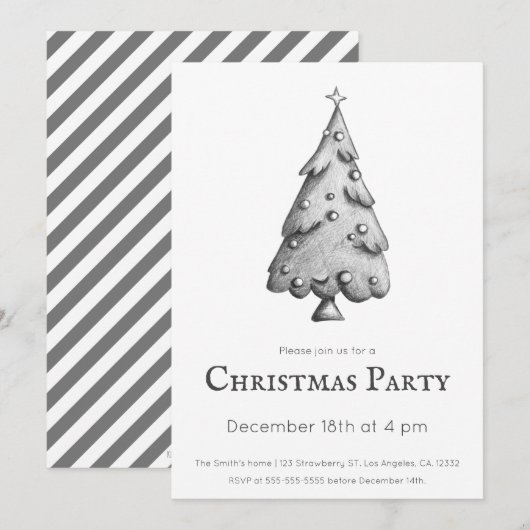 ミニマリスト ブラック＆ホワイト クリスマスツリー パーティ 招待状 (正面/裏面)