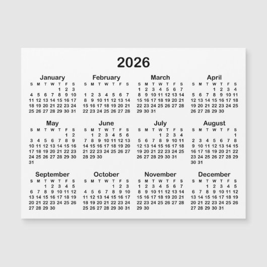 ミニマリスト ブラック 2026 マグネットカレンダー (正面)