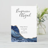ミニマリスト ブルー ゴールド アゲート ウェディング 招待状 (スタンド正面)