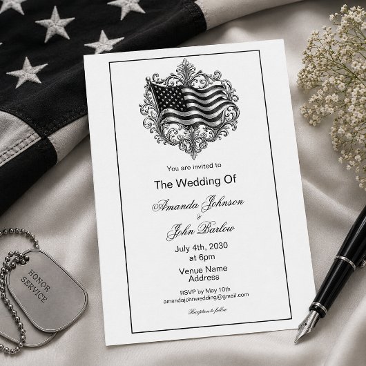 ミニマリスト ホワイト アメリカ国旗 軍事結婚式  招待状