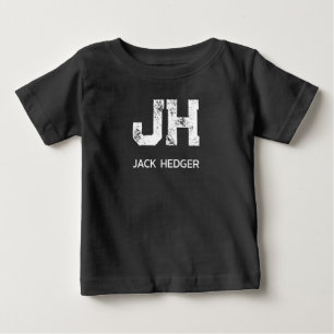 ミニマリスト ホワイト ツー レター モノグラム ネーム ブラック ベビーTシャツ