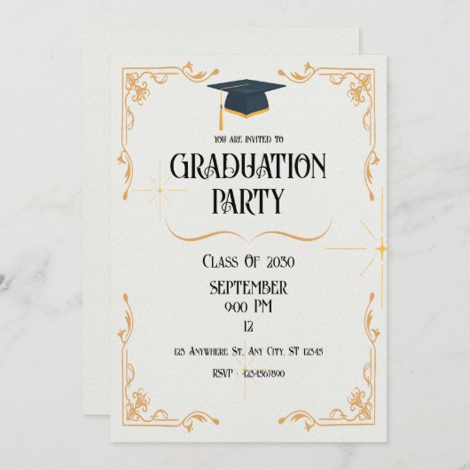 ミニマリスト ホワイト 卒業パーティー 招待状 (正面/裏面)