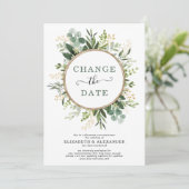 ミニマリスト ボタニカル グリーン ゴールド 日程変更 招待状 (スタンド正面)