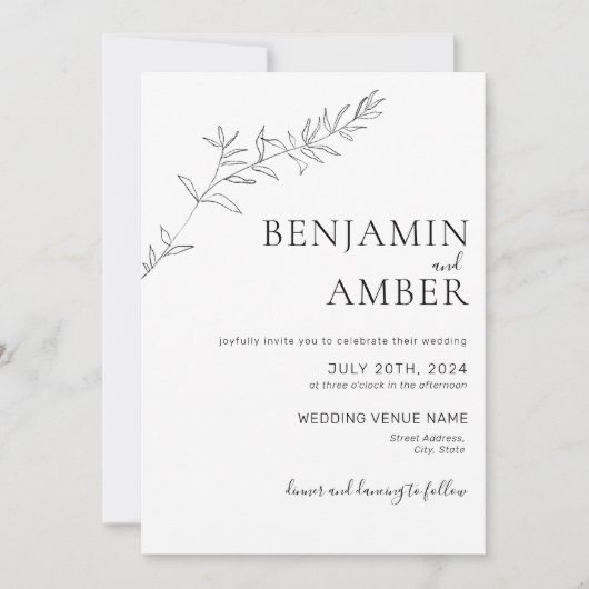 ミニマリスト ボタニカル ライン アート ドローイング ボーホー ウェディング 招待状 (正面)