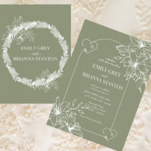 ミニマリスト ボヘミアンスタイルのサージグリーン ウェディング 招待状