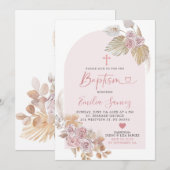 ミニマリスト ボーホー ピンク フラワー 洗礼 招待状 (正面/裏面)