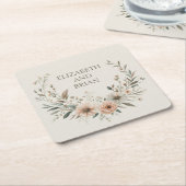 ミニマリスト ボーホー フラワーズ（アイボリーとブラッシュ） スクエアペーパーコースター (アングル)