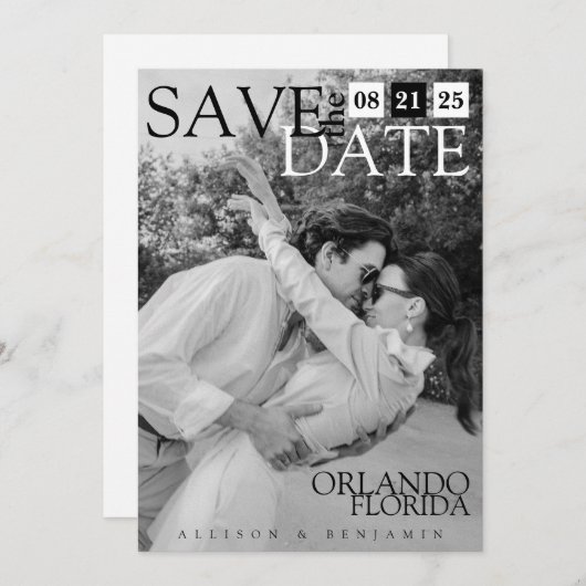 ミニマリスト、モダン、エレガントな黒と白の写真 セーブザデート (正面/裏面)