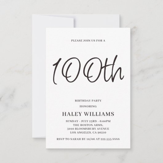 ミニマリスト モダン カリグラフィー 100歳の誕生日 招待状 (正面)
