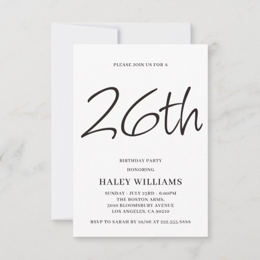 ミニマリスト モダン シンプル カリグラフィー 26歳の誕生日 招待状 (正面)