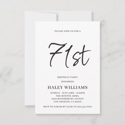 ミニマリスト モダン シンプル カリグラフィー 71歳の誕生日 招待状 (正面)