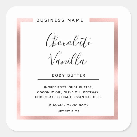 ミニマリスト モダン タイポグラフィー ホワイト ローズゴールド フレーム スクエアシール (正面)