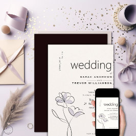 ミニマリスト モダン フラワー ダスティ プラムとバフ 招待状