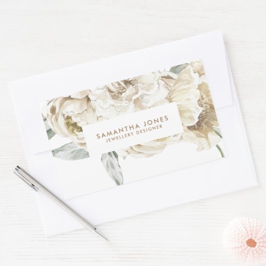 ミニマリスト モダン ホワイト ピオニー フローラル ウォーターカラー 長方形シール (封筒)