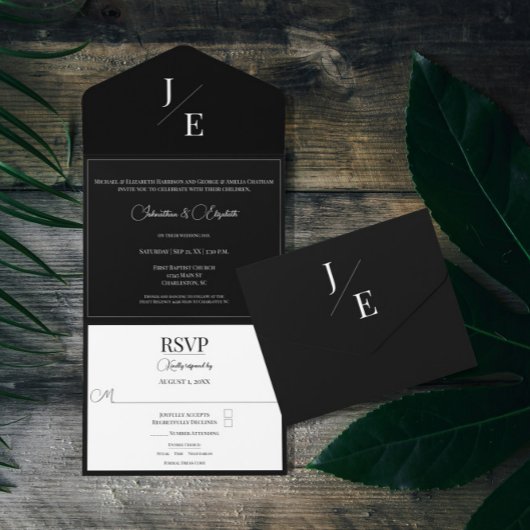 ミニマリスト モノグラム ウェディング | ブラック オールインワン招待状