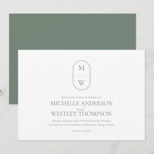 ミニマリスト モノグラム サージグリーン ウェディング 招待状 (正面/裏面)