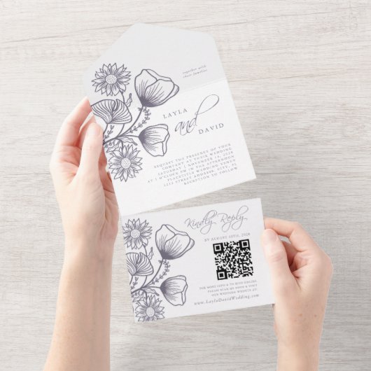 ミニマリスト・ラベンダー植物性フローラ結婚ズ オールインワン招待状 (貼ってはがせる)