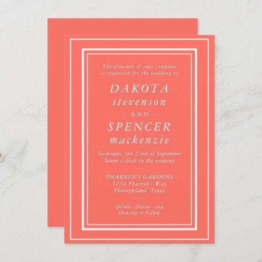 ミニマリスト・リビング・サンゴ |シンプルモダン結婚の 招待状 (正面/裏面)