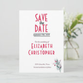 ミニマリスト レッド フラワー セーブ・ザ・デート カード (スタンド正面)