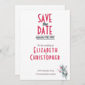 ミニマリスト レッド フラワー セーブ・ザ・デート カード (正面/裏面)